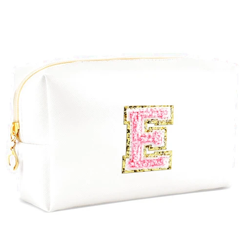 URSKYTOUS Initial Makeup Bag Personalized Preppy Travel Small Cosmetic Bag Cute PU White Chenille Letter Makeup Pouch for Purse Waterproof Zippered Toiletry Organizer for Women Girls Kids Friends (E)