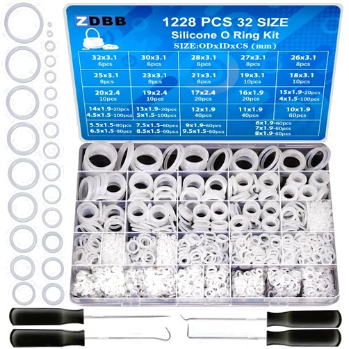 ZDBB 32 Size 1228 PCS Clear Food Grade Silicone O-Ring Kit, White Oil and Heat Resistant VMQ Seal O-Ring Washer Set for Sealing Faucets and Plumbing with Hook and Pick