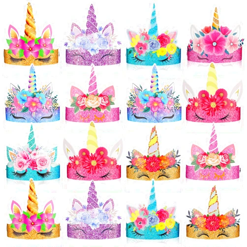 Gersoniel 36 Pack Glitter Unicorn Birthday Party Hats with Colorful Horns and Flowers - Paper Crown Headbands for Girls' Unicorn Theme Decorations, 9 Styles