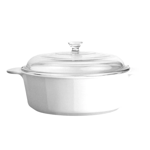 CorningWare Glass-Ceramic Pyroceram Round Classic Casserole, 2.4 Quart / 2.25 Liter Cooking Pot with Handles & Glass Cover - White (Medium)