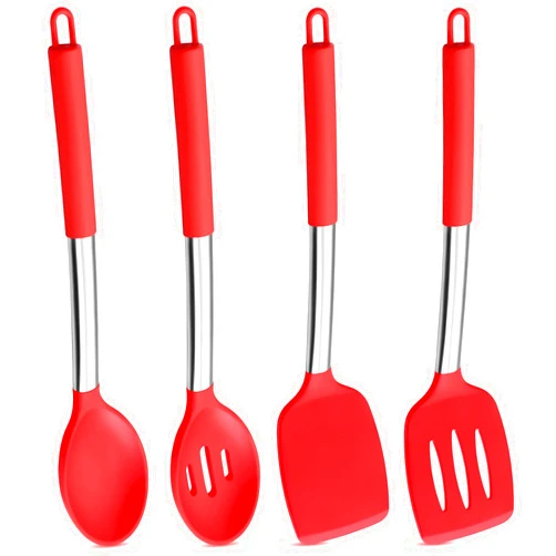P&P CHEF Red Cooking Utensils Kitchen Utensil Set of 4, Heat-proof Silicone Turner Spoon for Nonstick Cookware Friendly, Dishwasher Safe & Healthy