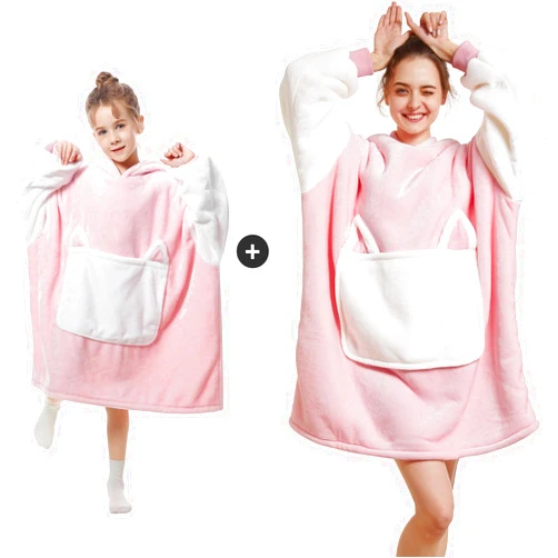 Aemilas Pink Wearable Blanket Hoodie for Kids Flannel and Comfy Hooded Blanket for Adult Sherpa