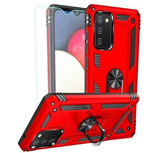 YZOK for Galaxy A02S Case,Samsung A02S Case,with HD Screen Protector,[Military Grade] Ring Car Mount Kickstand Hybrid Hard PC Soft TPU Shockproof Protective Case for Samsung Galaxy A02S (Red)