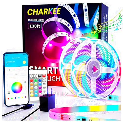 CHARKEE 130ft LED Strips Lights (65.6ft*2) Full Color Sync Music, Dimmable and Color Changing RGB LED Strip Lights, 24 Volt Bluetooth Flexible LED Lights for Bedroom,Family,DIY(Smart App+Remote)