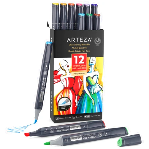 ARTEZA Alcohol Markers Set of 12 Classic Colors, EverBlend Dual-Tip Markers for Adult Coloring - Medium Chisel and Brush Nib