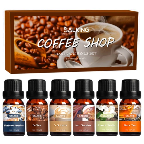 SALKING Coffee Shop Fragrance Oils Set, Premium Essential Oils Set for Diffuser, Scented Oil for Soap & Candle Making - Blueberry Pancakes, Coffee, Café Latte, Hot Chocolate, French Vanilla, Black Tea
