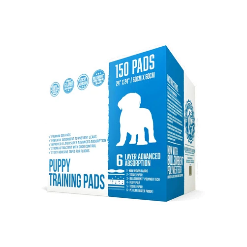 Bulldogology Puppy Pee Pads with Adhesive Sticky Tape (24x24) Large Premium Dog Pads - 6 Layer Dog Training Pads and Pet Wee Pads with Quick-Dry Bullsorbent Tech (150-Count, White)