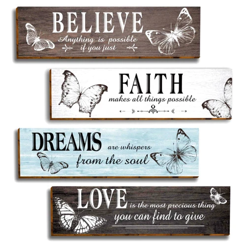 Vagafilla 4 Pieces Butterfly Rustic Wooden Office Wall Decor, Inspirational Saying with Love Faith Believe Dream Wood Sign, Hanging Motivational Wall Plaques for Office Living Room Bathroom Bedroom-34