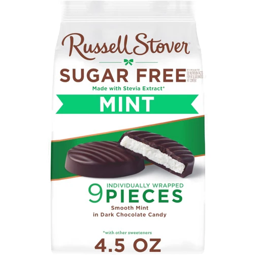 RUSSELL STOVER Sugar Free Dark Chocolate Mint Patties Candy, 4.5 oz. bag - Sugar Free Chocolate Candy