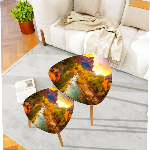 DQWIJAKX91 Small Coffee Nesting Table Beautiful National Park Landscape Modern Minimalist Side Table Triangle End Tea Table Set of 2 for Living Room Bedroom