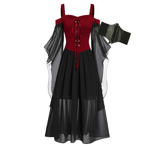 SHOPESSA Medieval Costume Women with Corset, Gothic Clothes Cold Shoulder Steampunk Corset Dress Butterfly Sleeve Maxi Dress