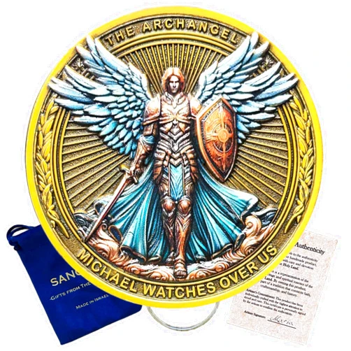SANCTRA Archangel Michael Watches Over Us Challenge Coin, Handcrafted and Blessed in The Holy Land, Psalm 91:10-11, Religious Collectible with Protective Case, The Original with Gift Pouch and Certificate