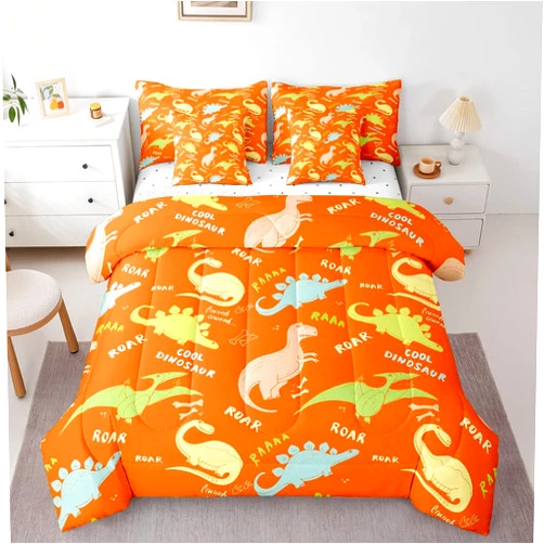 Erosebridal 7Pcs Cute Dino Comforter Sets Full Size, Cartoon Dinosaur Kids Comforter Set Bed in a Bag(1 Comforter, 1 Flat Sheet 1 Fitted Sheet 2 Pillowcases and 2 Throw Pillow Covers) - Orange
