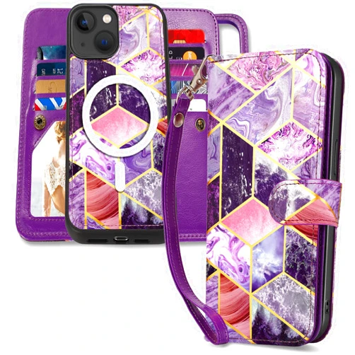 CASEOWL iPhone 14 Plus Case Wallet, Compatible with Magsafe Charger, Magnetic Detachable [RFID Blocking] Folio Leather Wallet Case with 9 Card Slots, Hand Strap, TPU Case for Women, Marble Purple