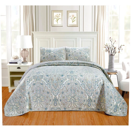 GrandLinen - 3-Piece Oversize King (115 X 95) Quilt Set Microfur Bedspread Coverlet Fine Printed Warm Winter Bed Cover (Aqua Green, Light Grey, Paisley)