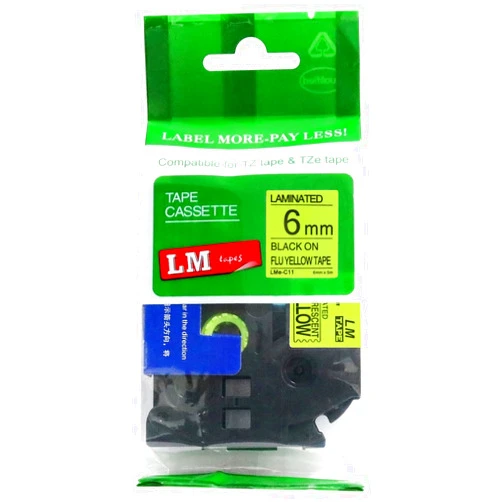 LMe Tapes for PT2100 LM Tapes - Brother PT-2100 Label Printer 6mm Black on Fluorescent Yellow Compatible TZe P-Touch Tape (1/4