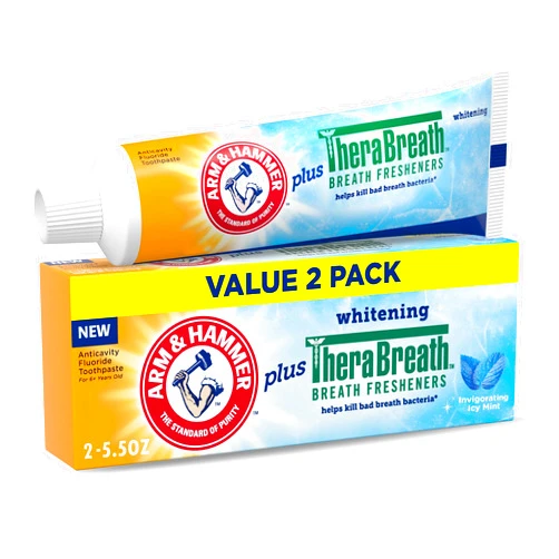 ARM & HAMMER Toothpaste Plus TheraBreath Breath Fresheners, Invigorating ICY Mint Flavor, Whitening Anticavity Fluoride Toothpaste for Bad Breath, 5.5 Oz (Pack of 2)