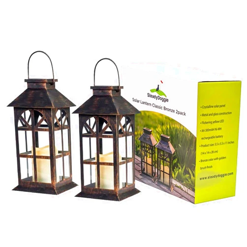SteadyDoggie Solar Lantern Classic Bronze 2 Pack - Hanging Solar Lights with Flickering Candle LED - Retro Ornate Hanging Solar Lantern with Handle (Bronze, 2)