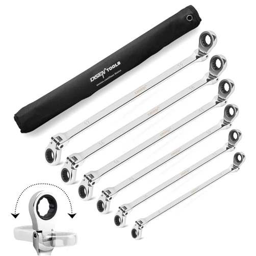 DISEN Extra Long Flex Head Ratcheting Wrench set, 6Pcs Double Box End Long Reach Ratchet Wrench Set Metric 8-19mm, CRV Steel, with Pouch, Gifts for Father, Man