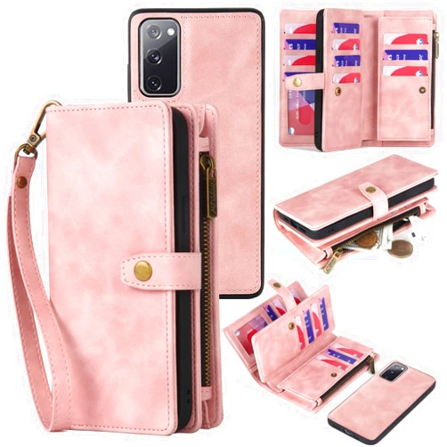 TwoHead for Samsung Galaxy S20 FE 5G Wallet Case, Detachable PU Leather Magnetic flip Phone Case Wallet with Card Holder Wrist Strap Zipper Wallet for Women/Men, S20 FE 5G Phone Case 6.5inch(Pink)