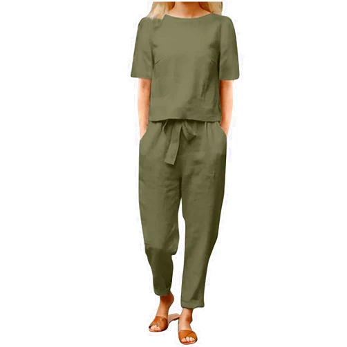 SMIDOW 2 Piece Outfits for Women Summer Cotton Linen Casual Matching Set Short Sleeve T Shirts and Capri Pants with Pockets