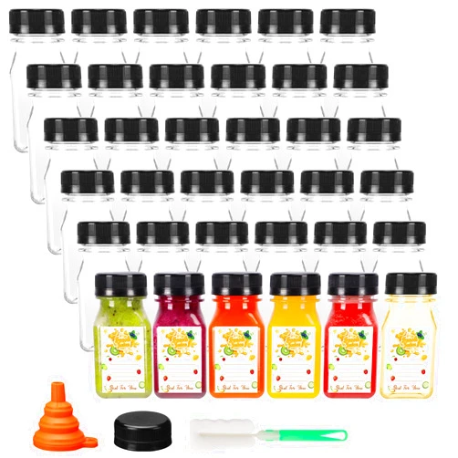 BAKHUK 36pcs 4oz Mini Plastic Juice Bottles with Caps, Empty Reusable Clear Bulk Beverage Containers for Juice, Milk and Other Beverages