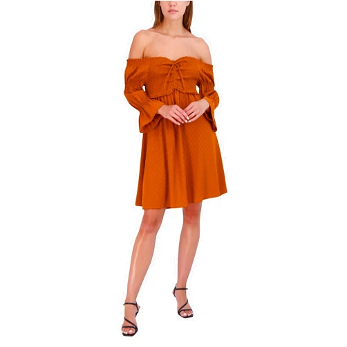BCBGeneration Women's Mini Fit and Flare Off The Shoulder Long Bubble Sleeve Smocked Bodice Tie Dresses