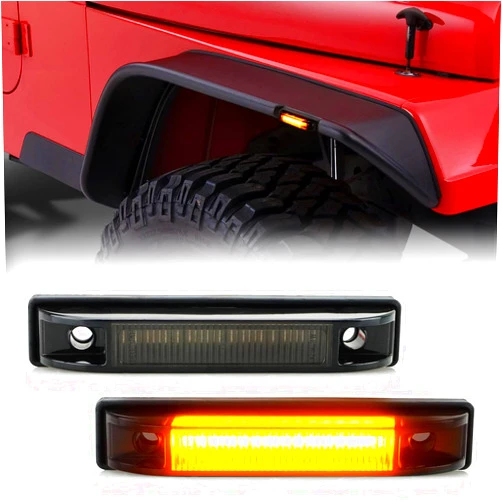 D-Lumina Fender Flare Side Marker Light Assembly Smoked Lens Amber for Je-ep Wrangler TJ JK JL Bushwacker Flat Style Fender Flares, Front Fender Turn Signal Lamp Powered by 18-SMD LED, Pack of 2