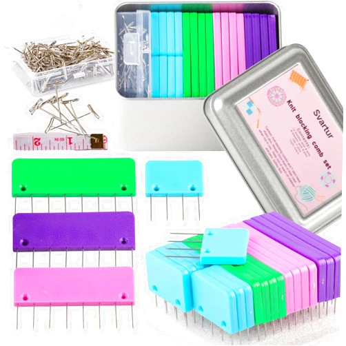 Svartur Crochet Blocking Pin Kit, with 20 Knit Blocking Combs &100 T-Pins and Tin Case, Rainbow Knitting Block Pins for Blocking Mats, Multicolor