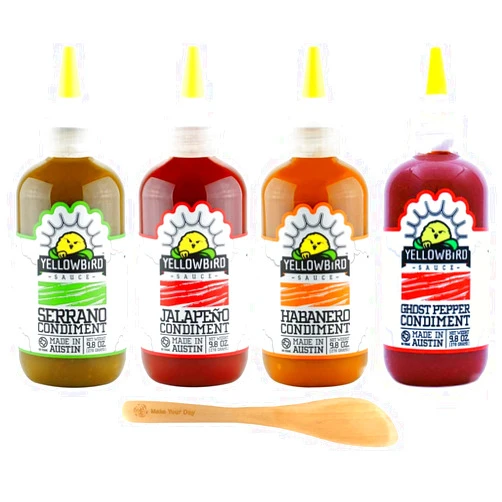 Make Your Day Yellowbird Hot Sauce, Serrano, Jalapeno, Habanero, and Ghost Pepper, 9.8 ounce (Pack of 4) - with MYD Spreader