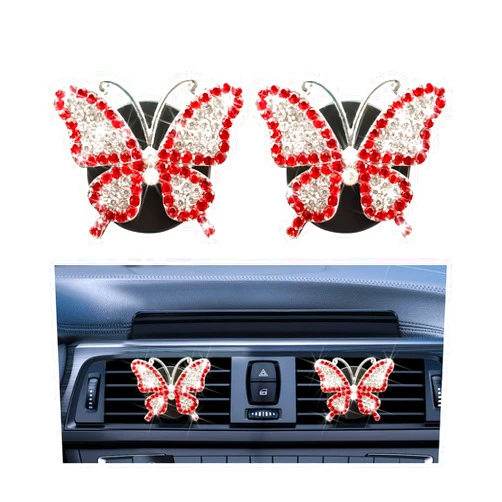 Bittwee 2PCS Bling Butterfly Car Freshener Air Vent Clips, Sparkling Crystal Rhinestone Auto Diffuser Clamps, Full Diamond Vehicle Interior Decoration Charm for Women Girls, Universal Fit（Red）