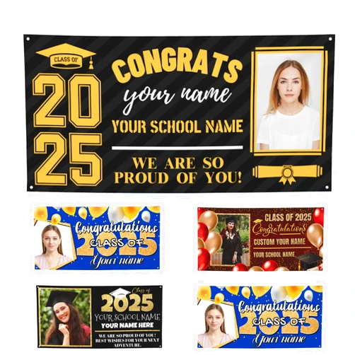 Bekerskpc Custom Graduation Banner Class of 2025 Personalized Photo Name School Congratulations Banner for Indoor outdoor Graduation Party Backdrop Decor 24x47 in