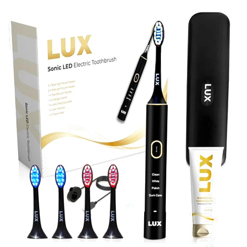 LUX Oral Care LED Whitening Electric Toothbrush - Rechargeable Electronic Brush for Adults - LED Blue Light Whitening & Cleaning - Powered w/Sonic Technology for Whiter Cleaner Teeth Black/Gold