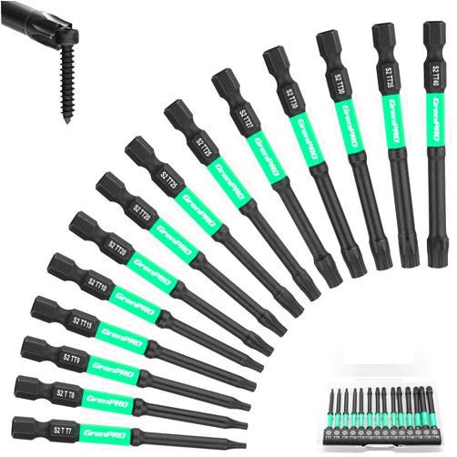 GRENPRO Torx Bit Set 14pc Impact Driver Bit Set, Magnetic Torx Screwdriver Set, Security Bit Set,Torque Bit Set, 1/4 t20 t25 t30 Tamper Proof Torx Bit Set, 3