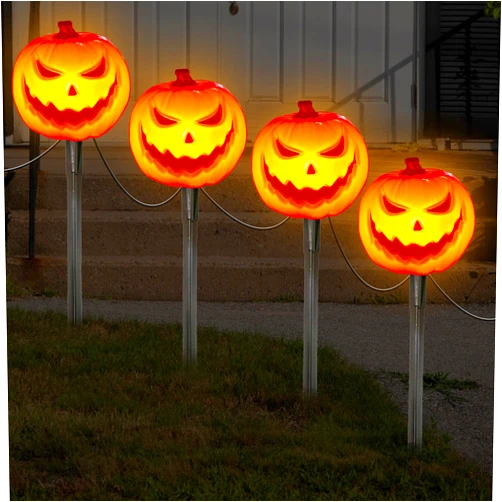 Romasaty Set of 4 LED Halloween Pumpkin Pathway Markers String Lights with 4 Pumpkin Light, 7 Ft Expandable Path Light String Waterproof Halloween Lawn Walkway Lane Marker Decoration