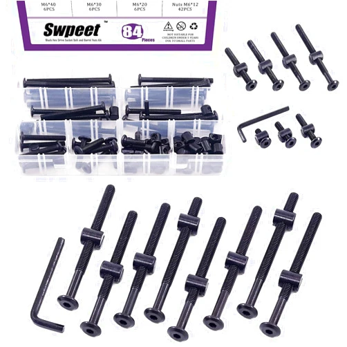 Swpeet 120Pcs Black M6 × 20/30/40/50/60/70/80mm Crib Hardware Screws Kit and 25Pcs Black M6 × 80mm Crib Hardware Screws