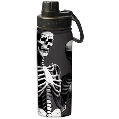 Yioniii Skeleton with a Skull pattern Water Bottles Insulated 18 oz,Insulated Double Walled Leak Proof Sports Water Bottle，Thermo Mug Keep Cold and Hot,White and Black