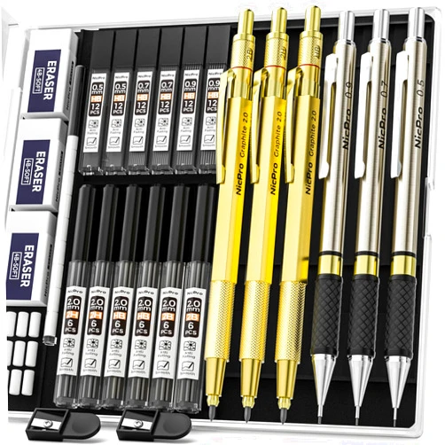 Nicpro Gold Art Mechanical Pencil Set, Metal Drafting Pencil 0.5, 0.7, 0.9mm & 2mm Lead Holder(2B HB 2H) For Sketching Drawing With Lead Refills Case
