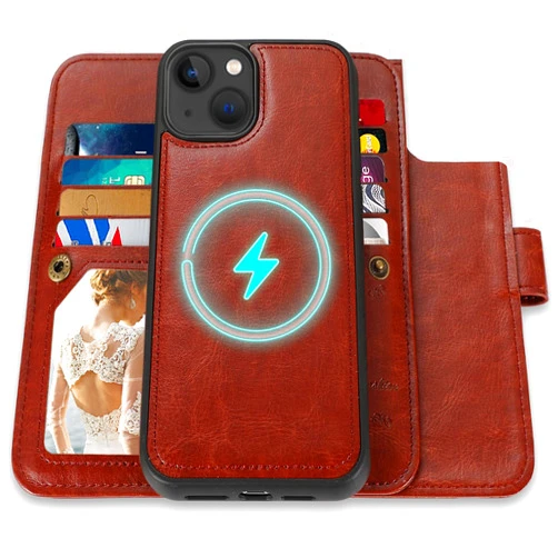 CASEOWL Case for iPhone 15 Case Wallet 2-in-1 Magnetic Detachable Folio Flip Leather Case for Men Women [Support Magsafe Charger] with 9 Card Holder[RFID Blocking], Strap (Brown)