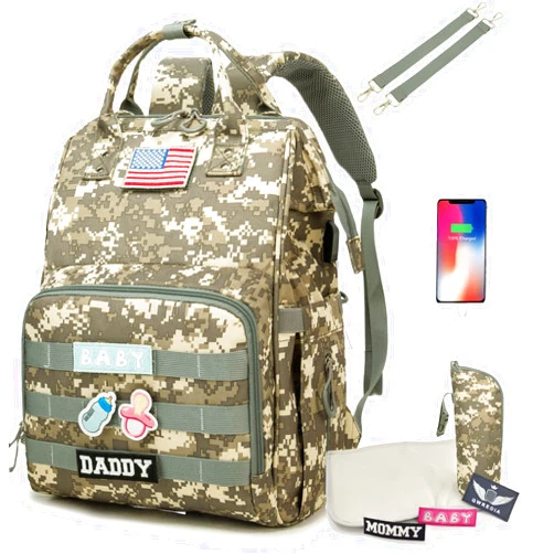 QWREOIA Diaper Bag Backpack for Dad and Mom with USB Charging Port Stroller Straps and Insulated Pocket,army military Travel Nappy Backpack for Daddy/Mommy (Camo)