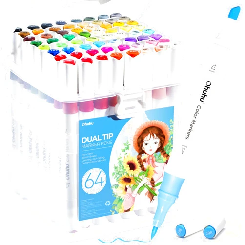 Ohuhu Markers for Adult Coloring Books No bleeding 64 Colors Water-based Coloring Markers Dual Tips Chisel & Brush Drawing Pens Art Markers for Kids Adults Beginners Lettering Journaling
