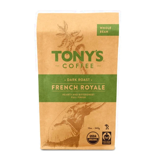 Tony's Coffee, French Royale (12oz), Dark Roast Whole Bean Coffee, Organic and Fair Trade