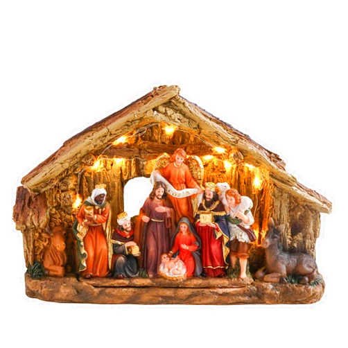 Bdor Nativity Scene Christmas Decoration, 11.4x3.5x7 Inch Lighted Jesus Birth Display, Holy Family Christmas Tabletop Decoration, Electric Manger Scene with LED Lights