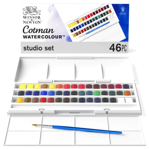 Winsor & Newton Cotman Watercolor Paint Set, Studio Set, 45 Half Pan w/ Brush