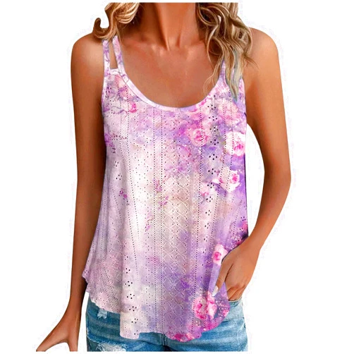 Generic Summer Eyelet Shirts for Women Casual Crewneck Crochet T Shirt Loose Comfy Vacation Beach Tank Tops Pullover