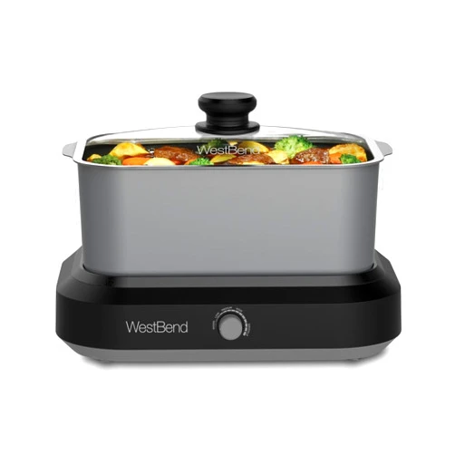 West Bend 87905 Slow Cooker Large Capacity Non-stick Vessel with Variable Temperature Control Includes Travel Lid and Thermal Carrying Case, 5-Quart, Silver