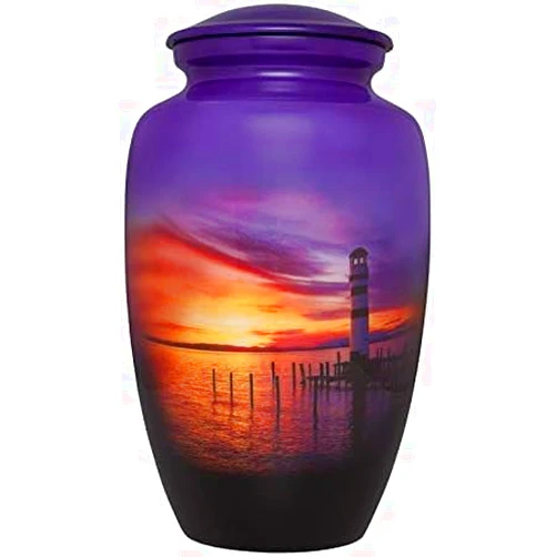 MEDIEVAL HANDICRAFTS STORE Handmade Lighthouse Funeral Cremation Urn for Human Ashes Aluminum Burial or Niche with Bag, Purple