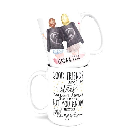 Amazing Items Custom Best Friend Coffee Mug for Women - Long Distance Friendship - Choose Hair - Skin Color Personalized Cup w Names for Besties, Bff, Good Friends Birthday