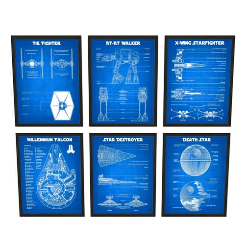 BigWig Prints Star Wars Blueprints - Star Wars Poster, Starwars Wall Decor, Starwars Posters for Walls, Deathstar, Millennium Falcon, X Wing, Tie Fighter, AT-AT Gifts - Unframed Set of 6 (8x10)