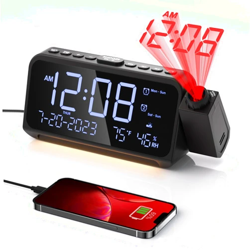 OnLyee Projection Alarm Clock,Digital Clock with 350° Rotatable Projector,Weekday/Weekend Mode,5-Level Dimmer,Adjustable Volume,Temp & Humidity Monitor,Calendar,Snooze,12/24H,DST,Battery Backup, for Bedroom